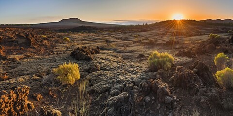 Wall Mural - In the wilderness, as the sun sets, volcanic mountains cast a dramatic silhouette over the landscape