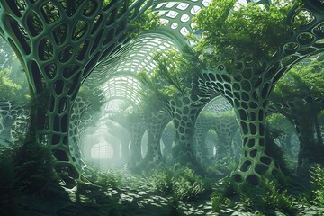 Wall Mural - A digital art piece of a biotech-engineered forest with enhanced CO2 absorption