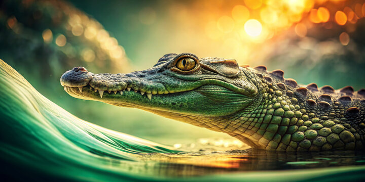 A close-up shows a crocodile peeking out of the water, its textured skin glistening in the sunlight. The bokeh effect in the background highlights the gold watch.AI generated.