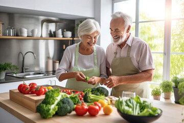 older couple cooking healthy vegan meal on modern kitchen