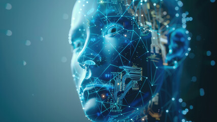 Wall Mural - Realistic Artificial intelligence. Computer mind connections head. Human head with circuit board inside. Engineering concept. Technology web background. Virtual concept 