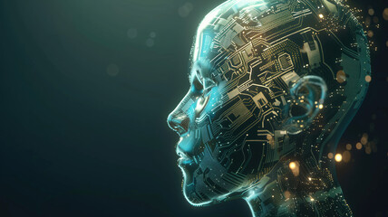 Wall Mural - Realistic Artificial intelligence. Computer mind connections head. Human head with circuit board inside. Engineering concept. Technology web background. Virtual concept 