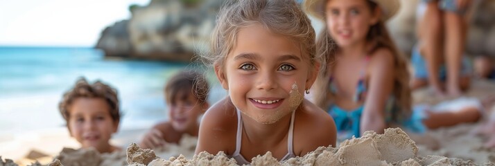 Sticker - In a heartwarming portrait of childhood, children from diverse backgrounds share smiles and playful joy.