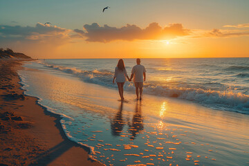 Sticker - Honeymoon bliss: A loving couple on a sunset beach, sharing romantic moments by the sea.