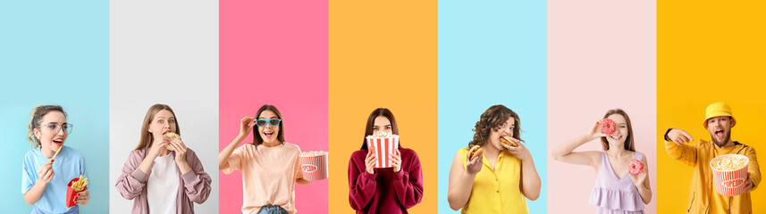 Wall Mural - Collage of young people with delicious fast food on color background