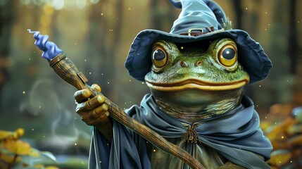 Canvas Print - A wise old wizard frog sits in the forest, holding a magic staff. He is wearing a blue robe and a tall, pointed hat.