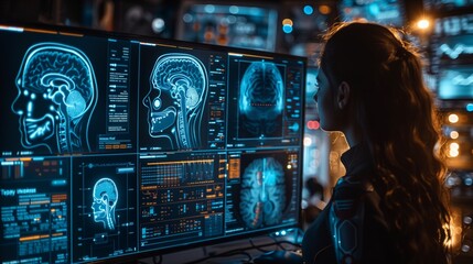 Poster - A woman intently observes a holographic display showing brain scans during a neurology consultation.