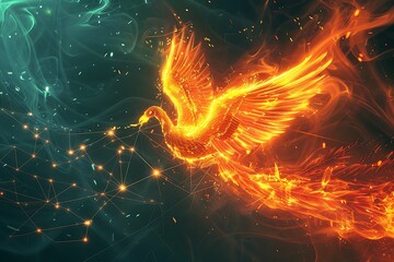 Wall Mural - A digital phoenix rising from ashes, its wings spreading connectivity across the land