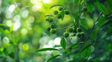 Wall Mural - Close up Image of Sandalwood Tree with Green Fruits and Blurred Leafy Background