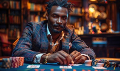 Wall Mural - A man in a suit sitting at a poker table and holding aces with lots of chips and money on the table