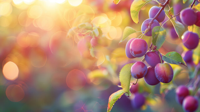 Ripe plums on a tree branch in the garden at sunset, A branch with natural plums on a blurred background of a plum orchard at golden hour, AI Generated