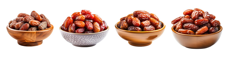 Poster - Collection set of bowl of dried date fruits isolated on transparent background