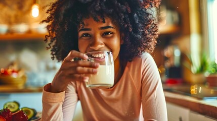 Wall Mural - Young woman in cozy kitchen enjoys a glass of milk with a smile. Warm and inviting atmosphere. Perfect for healthy living and lifestyle themes. Capturing a moment of contentment and well-being. AI