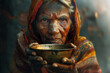 © forenna - An old Indian woman, her face lined with years of wisdom, holds an empty bowl in her wrinkled hands. The scene is captured in a cinematic style, with warm, soft lighting highlighti