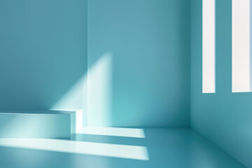 Wall Mural - Sunlight casting shadows in minimalist blue room with platform