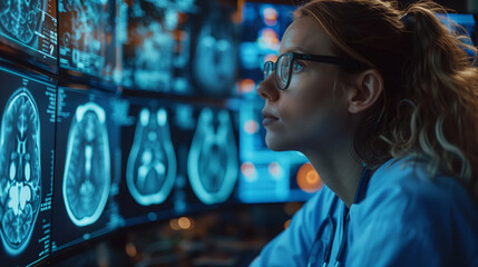 Leinwandbilder - A woman in a blue medical uniform examines holographic brain scans, likely during a radiology interpretation session.