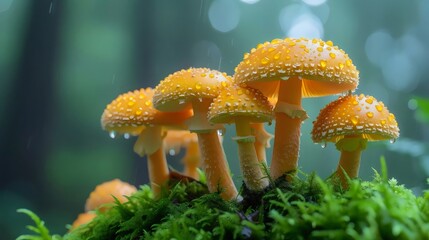 Wall Mural - A group of orange mushrooms are growing on a mossy green background