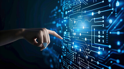 hand pointing to futuristic digital interface with circuits and binary codes