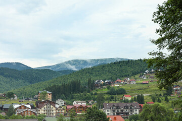 Poster - View of beautiful village in Carpathian mountains, Ukraine