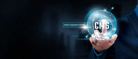 Wall Mural - cms: content management system, businessman touching content management system and global network. e