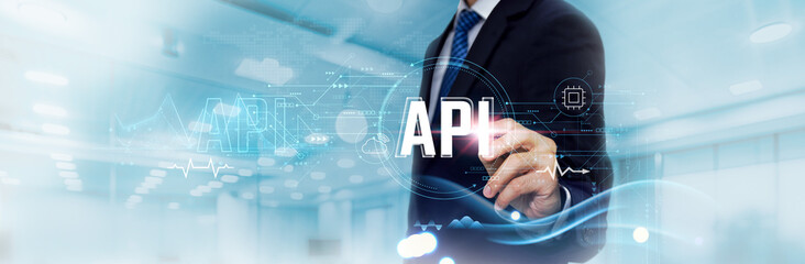 API Business Graph and Data of API-Integrated Business Growth, Real-time Insights. Businessman Touch and Analyze Data Growth of API-Connected Systems, Streamlining Operations, Enhancing Efficiency.