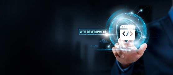 Wall Mural - web development, businessman touching web development icon and global network. creativity, progress,