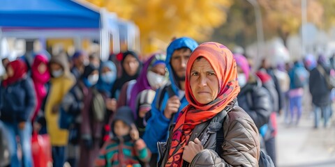 Refugees waiting at border crossing into new country during crisis. Concept Refugee Crisis, Border Crossing, New Country, Waiting, Humanity