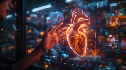 Aufkleber - A person interacts with a holographic display showing a human heart, demonstrating the potential of technology in healthcare.