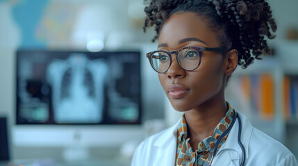 Fototapete - A female doctor wearing a white coat and stethoscope looks intently at an x-ray on a computer screen.