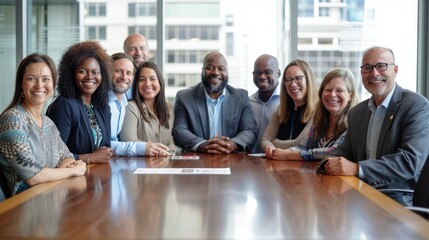 Diverse group of professionals sitting around a conference table, smiling and looking at the camera. AIG535