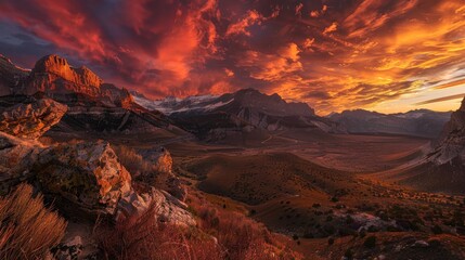 Wall Mural - Sunset casting warm red and orange hues over mountain landscape