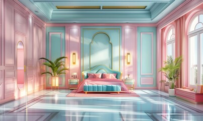 Poster - illustration of large luxury bedroom with powdery pastel colors walls with luxury furniture of bedroom and sunbeams