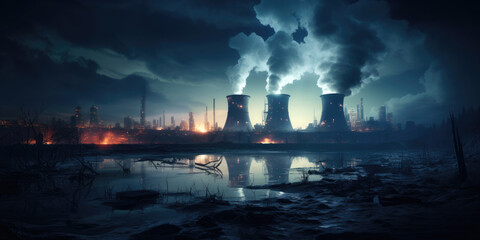 View of a working nuclear power plant with beautiful scenery
