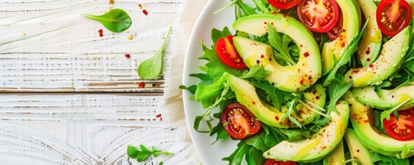 Wall Mural - Fresh Avocado Salad with Cherry Tomatoes on Rustic White Wooden Background