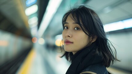 Wall Mural - A woman with long black hair and a scarf is standing in a subway station