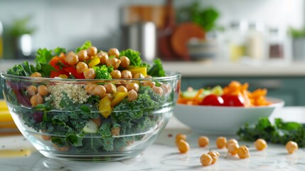 Wall Mural - Healthy Chickpea Salad with Quinoa and Kale in Glass Bowl on White Marble Kitchen Counter