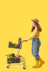 Wall Mural - Female farmer with trolley of healthy food on yellow background