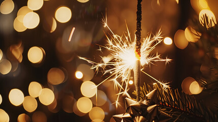 Sylvester New Year, New Year's Evening party event celebration holiday greeting card - Closeup of sparkling sparklers and bokeh lights in the background