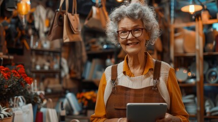 Wall Mural - A woman in glasses is holding a tablet