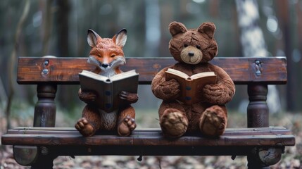 Wall Mural - Two stuffed animals sitting on a bench reading a book