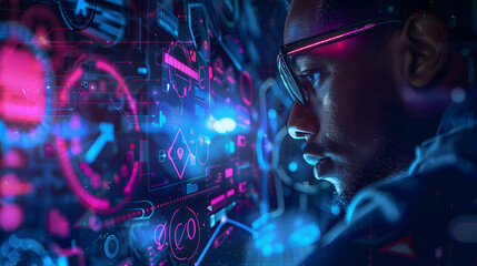 artificial intelligence cyber security threat illustration concept AI banner. Black african american male IT specialist analysing data information technology privacy leaks AR artificial intelligence