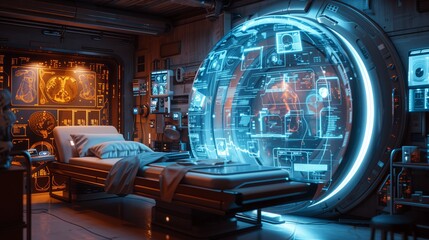 Leinwandbilder - A patient lies on a medical bed in a futuristic hospital room, with a large holographic display showcasing anatomical data and medical scans.