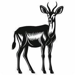 A black and white drawing of an antelope on a white background