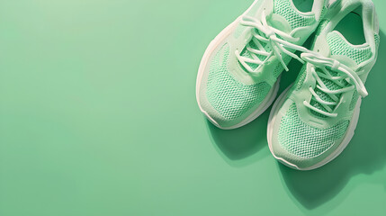 Light green athletic sneakers on a matching background, ideal for workout, sports, casual wear, and active lifestyle designs, with copy space
