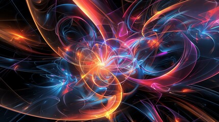 Wall Mural - Abstract fractal artwork with glowing, swirling lines in blue, pink, and orange.