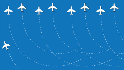 Wall Mural - Airplane line path vector icon of air plane flight route with start point and dash line trace. Airplane routes set. Plane paths. Aircraft tracking, planes, travel, map pins, location pins.