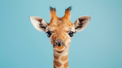 Wall Mural - Cute baby giraffe portrait with a curious expression on blue background.