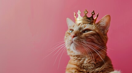 Wall Mural - Orange tabby cat with a golden crown on a pink background.