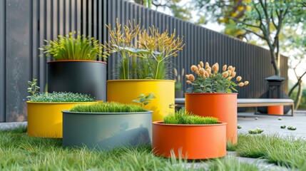 Wall Mural - Vibrant Flower Pots on Lush Green Grass Generative AI