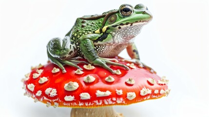 Canvas Print - A green frog sits on a red mushroom with white spots.
